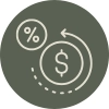 dollar sign coin and percentage sign in a circle. An arrow around the icon.