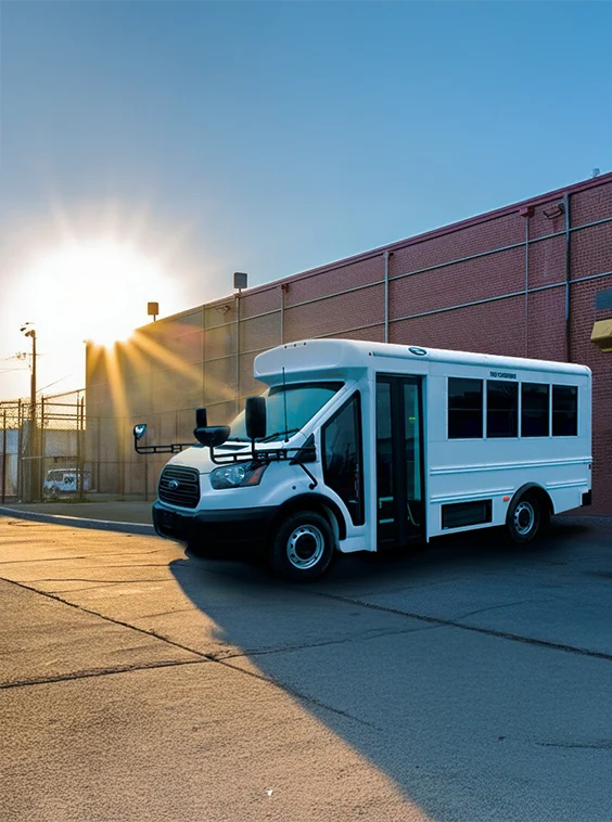 White shuttle bus parked next to a prison near Jacksonville